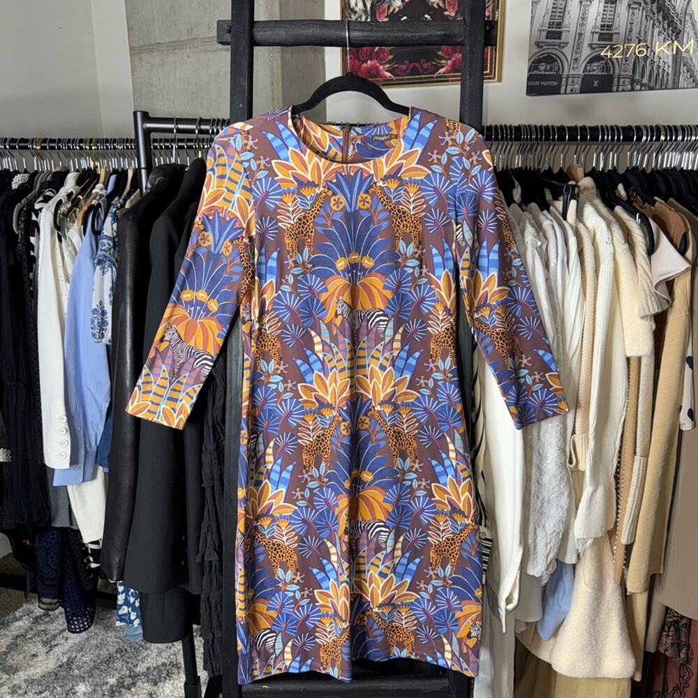 J. McLaughlin Sophia Safari Print Dress Brown Blue Gold